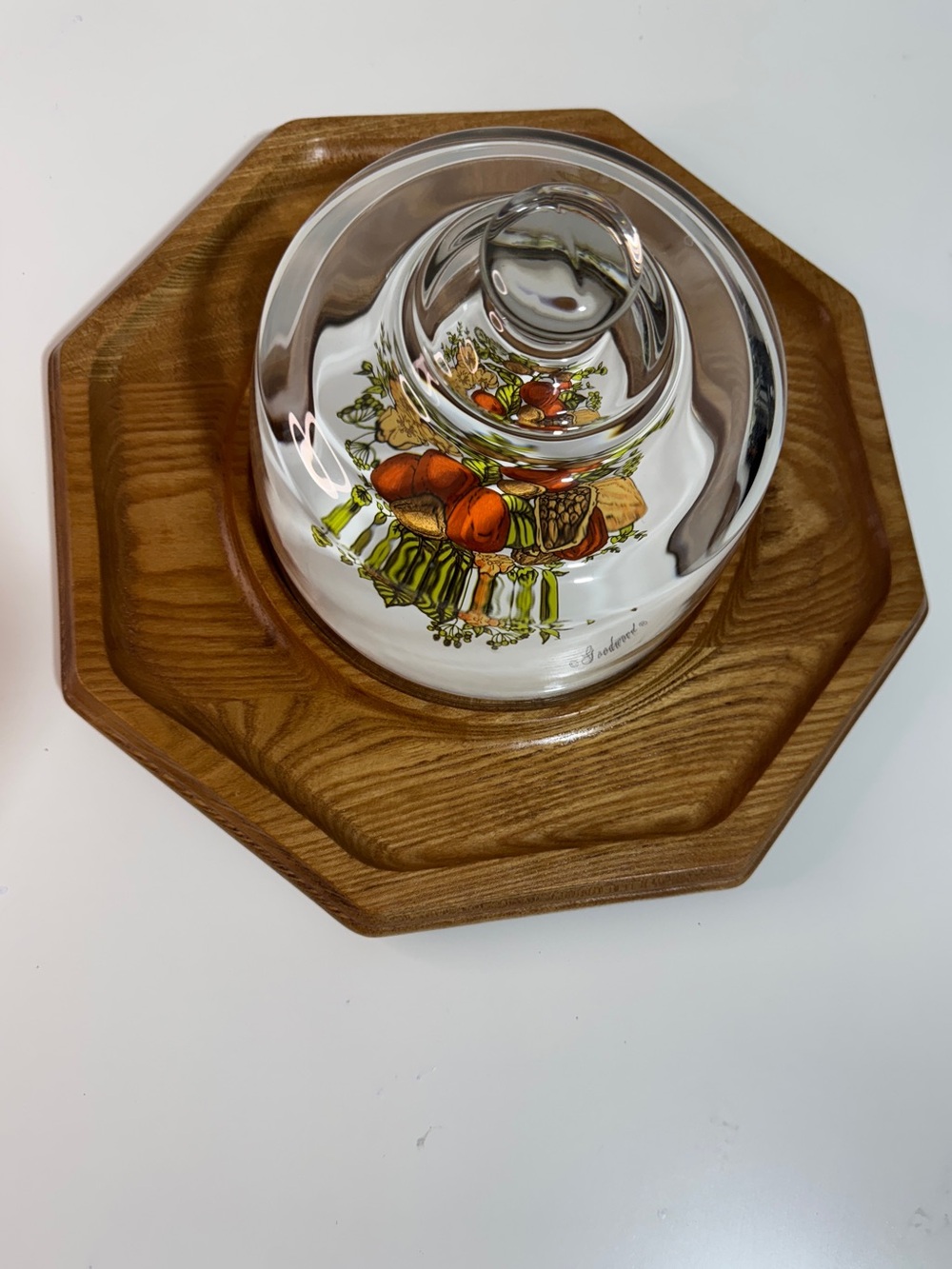 Vintage Goodwood octagon wood cheese tray ceramic inset clear glass cloche